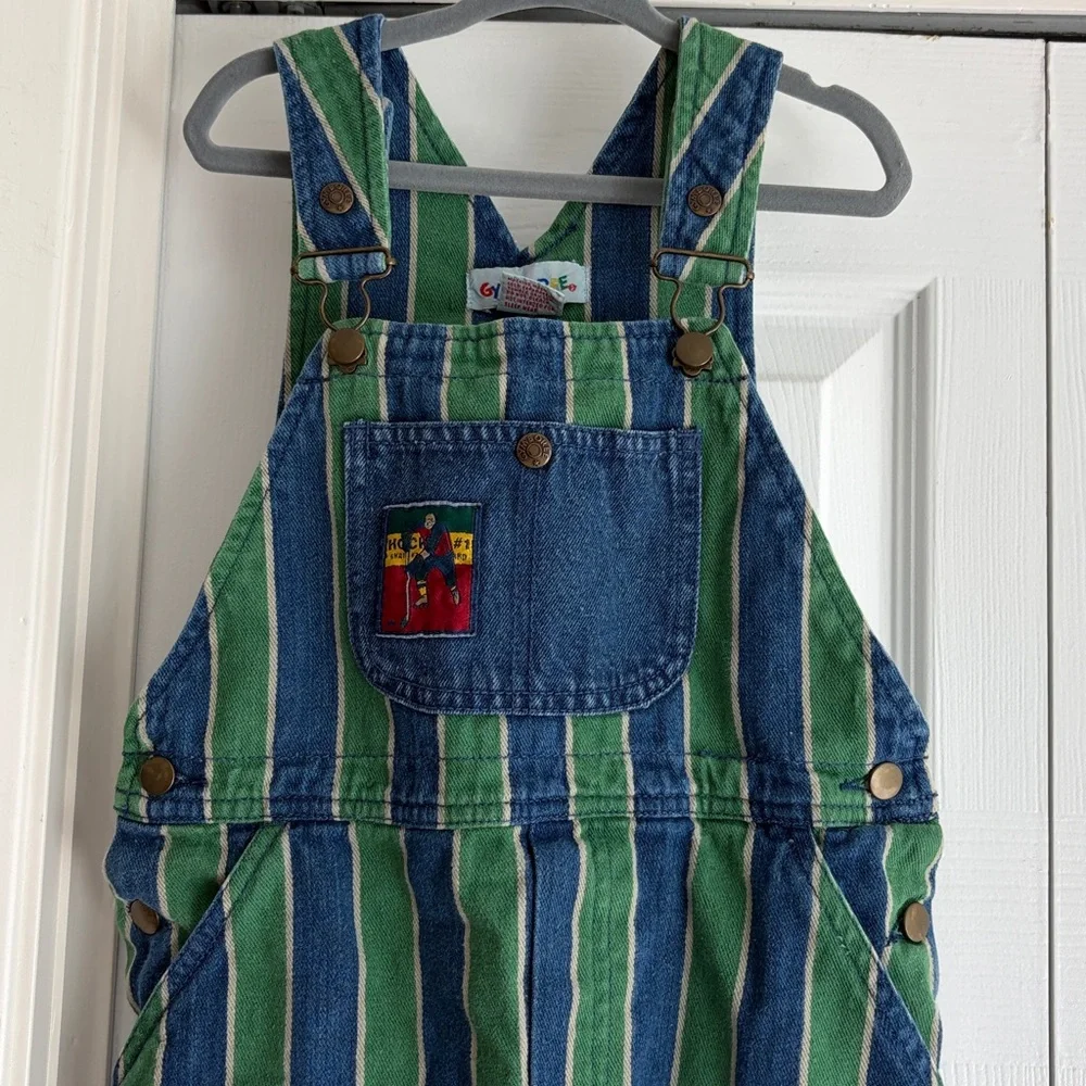 VINTAGE Gymboree Blue & Green Striped Denim Hockey Overalls